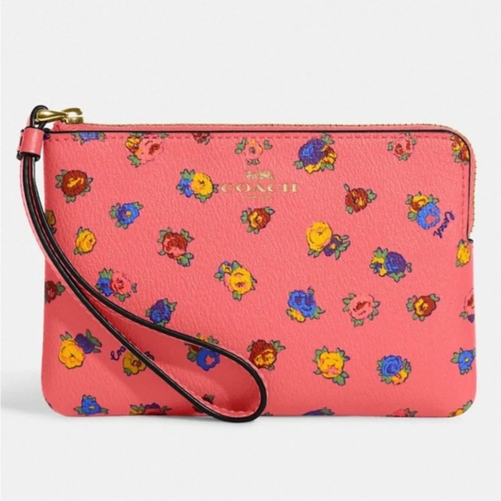 Coach Corner Zip Wristlet Wallet With Mini Vintage Rose Print